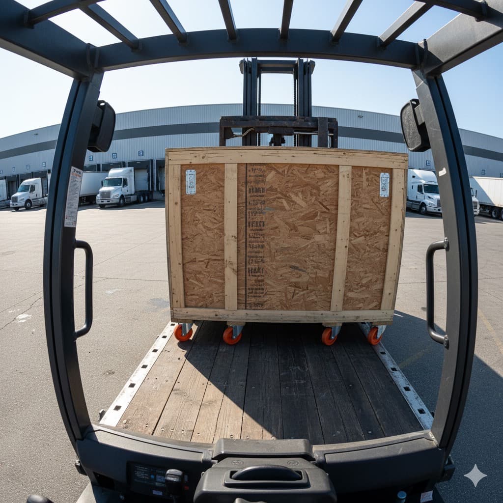 Custom wooden crates staged in a warehouse before trade show transport