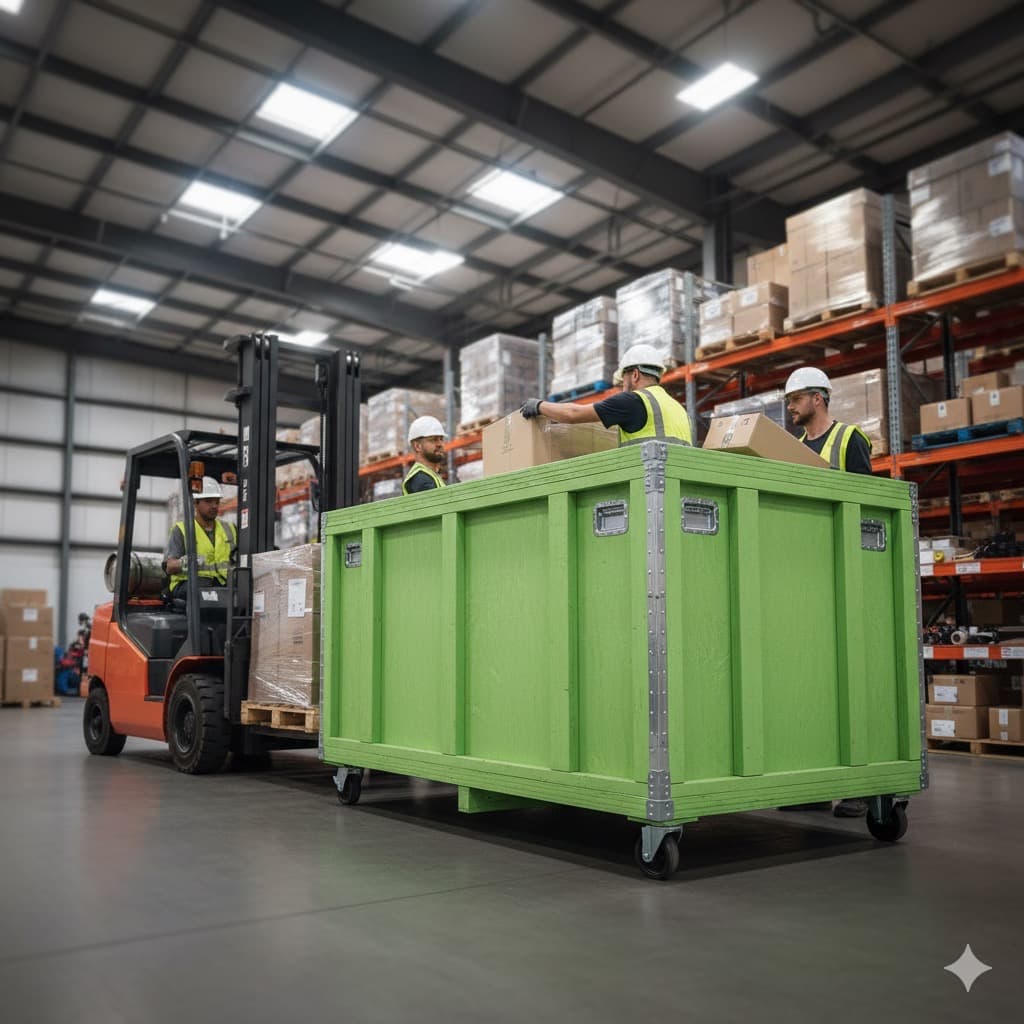Warehouse workers handling a brand-green custom crate with forklift in background