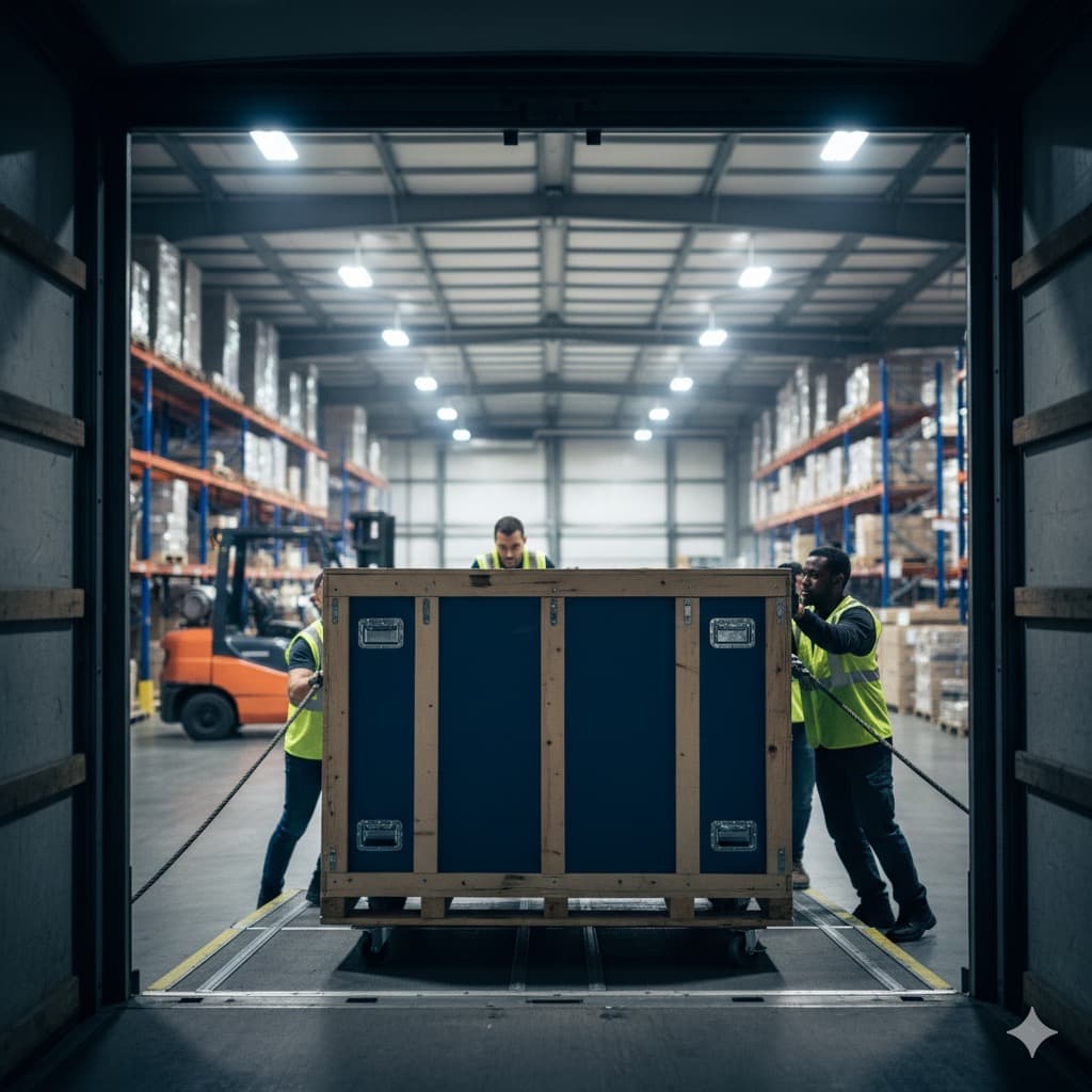 Warehouse team preparing crates for international fleet shipment