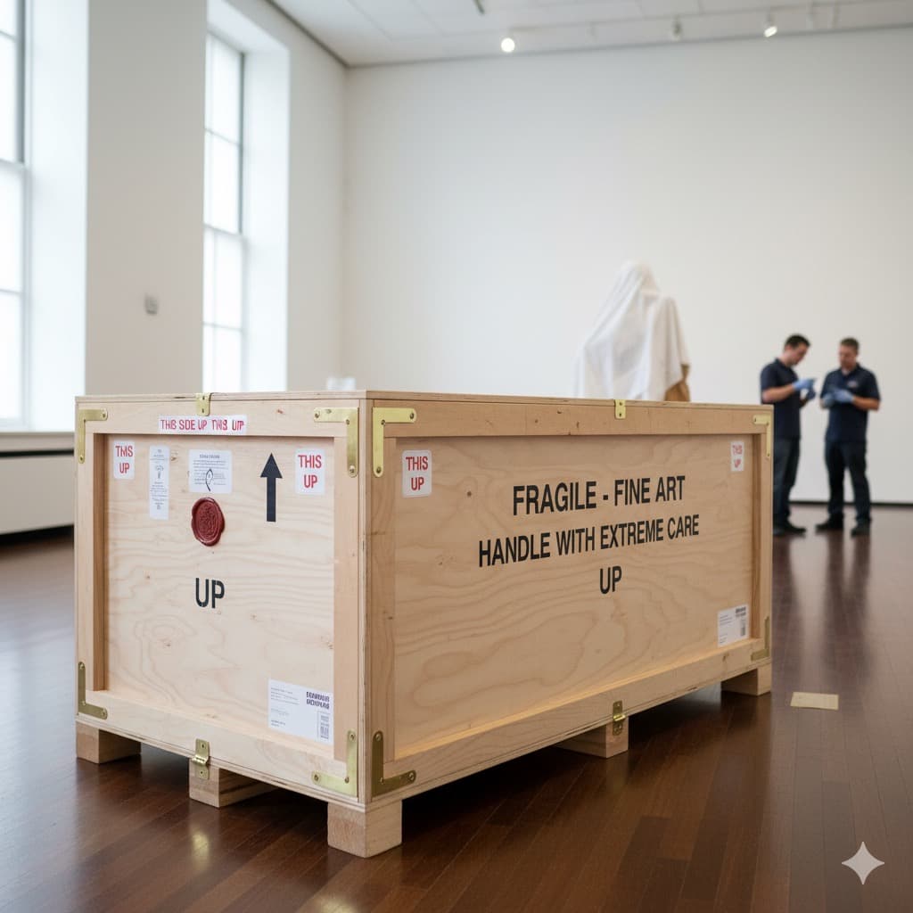 Fine art crates marked fragile in a gallery setting