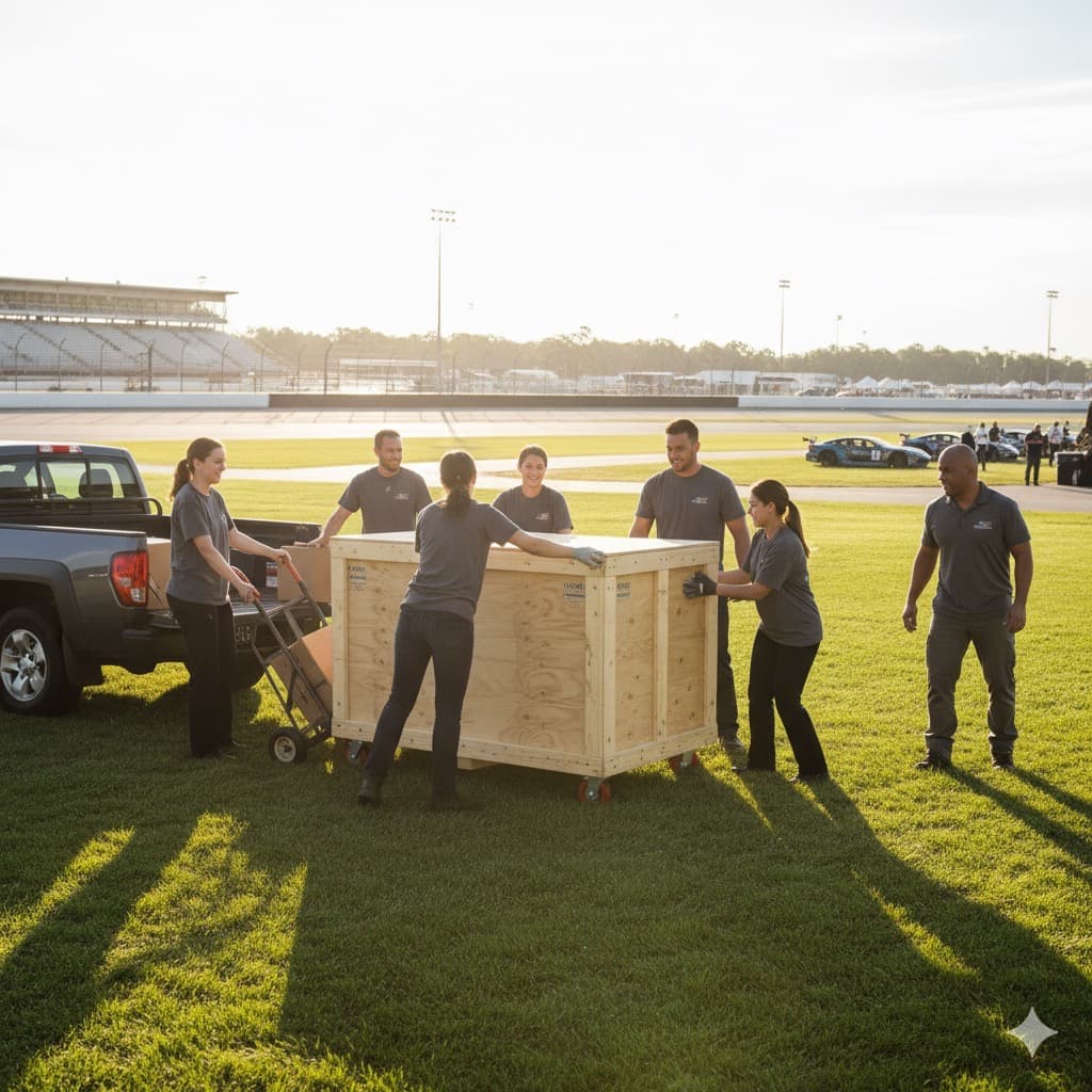 Team moving custom crate at an outdoor event venue