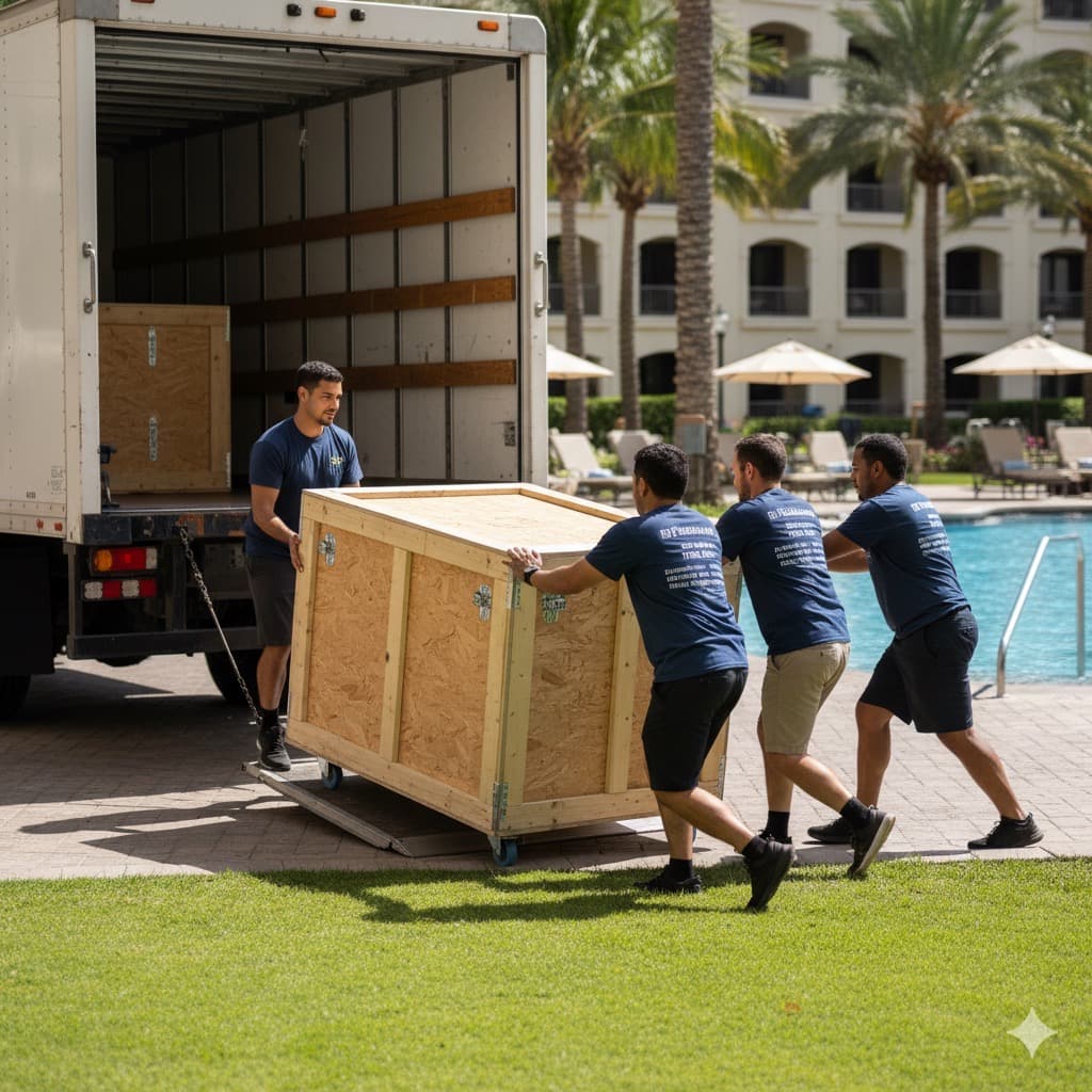 Crate Success team collaborating to move a custom crate at an outdoor venue