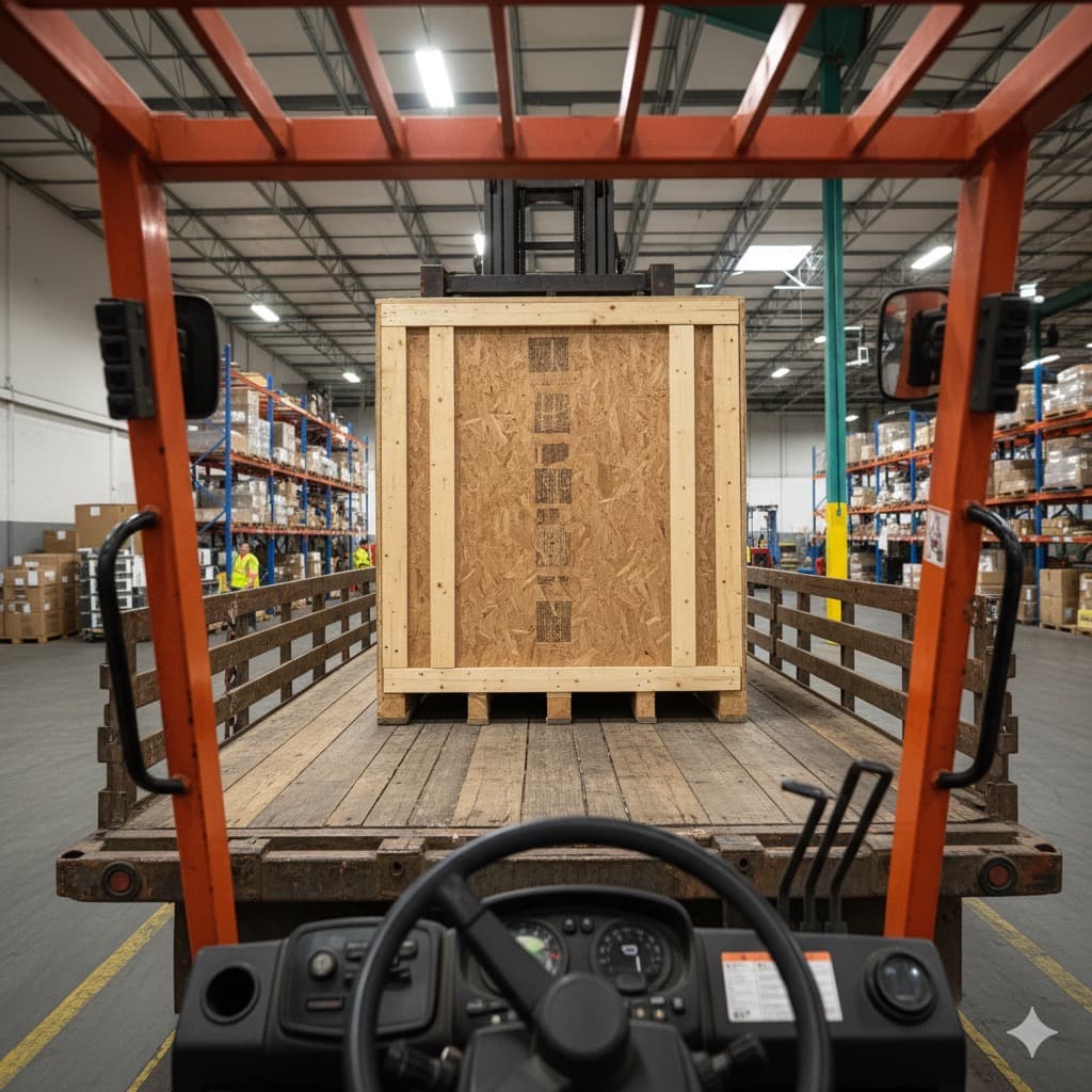 Forklift moving wooden crate inside organized warehouse